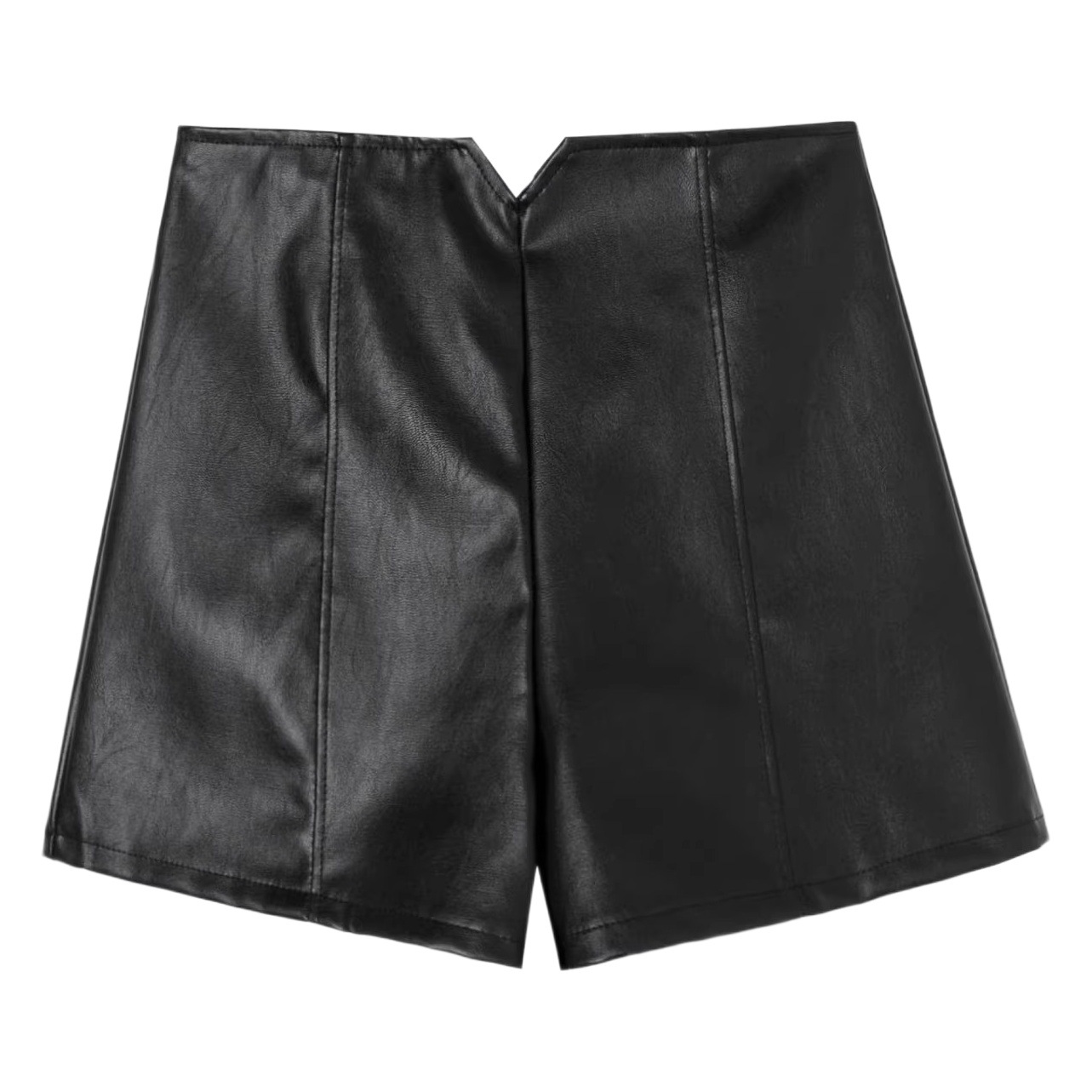 2023 New Autumn and Winter Women's Black High-Waisted Slimming Wide-Leg A-Line Pu Leather Hot Pants with Zipper Design