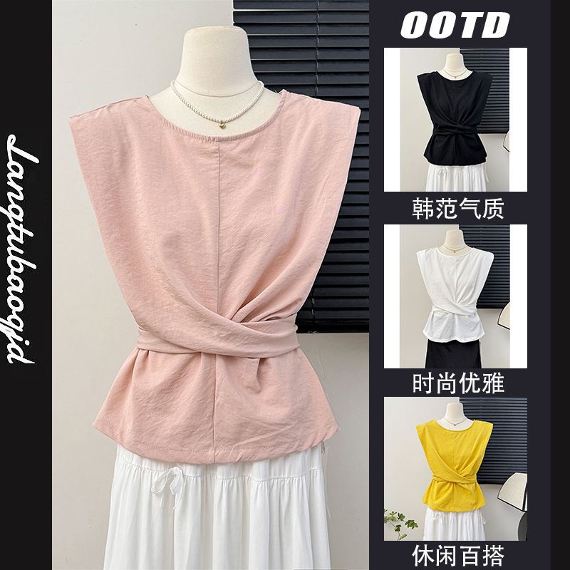 French Elegant Elegant Lace-Up Waist Slimming Sleeveless Vest for Women Summer Niche Design Pleated Top