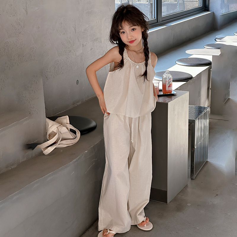 Picture of Girls Summer suit Children's Wear New Sling Top Wide Leg Straight Pants Korean Style suit Big Children Thin Two-piece Set