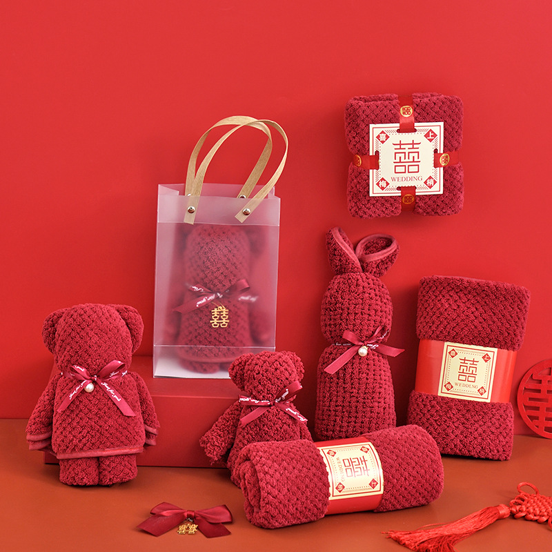 Picture of Bear towel wholesale wedding hand gift wine red wedding gift wedding gift hand gift towel