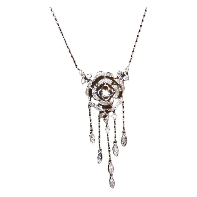 Light Luxury High Beauty Fairy Elegant Rose Long Tassel Earrings suit Camellia Pendant Necklace Women