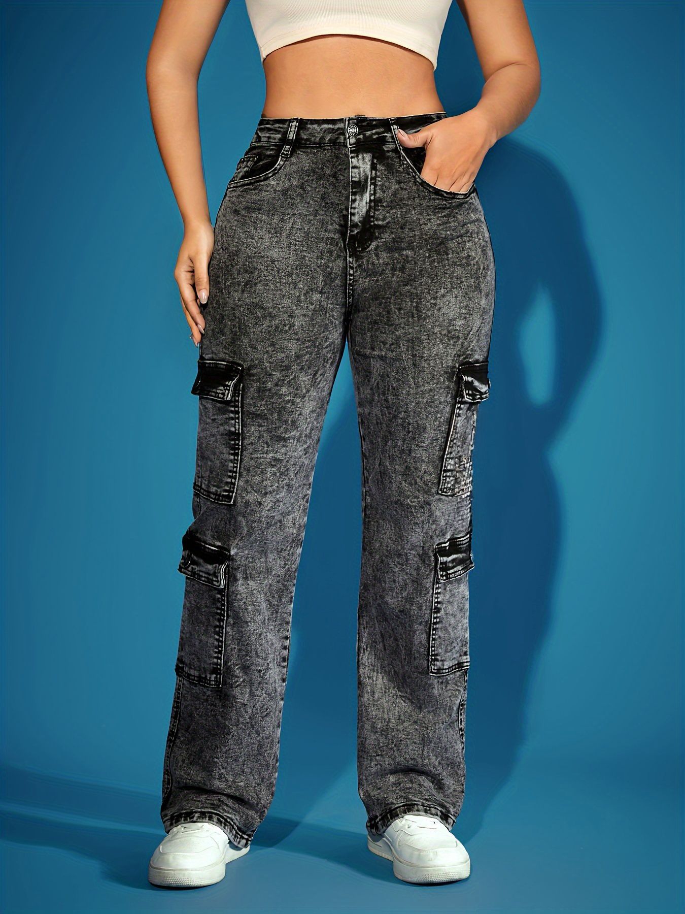 European and American fashion high elastic multi-pocket cargo pants, cross-border denim chain trousers, Amazon popular jeans cotton
