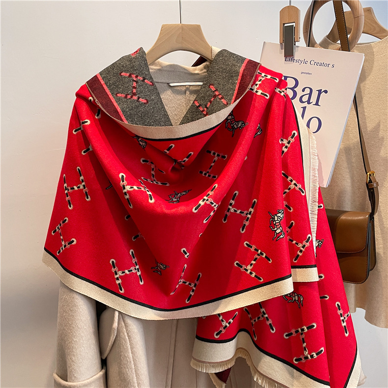 Picture of 2024 New Fashionable Big-Name Versatile Orange High-End Wool Cashmere Shawl Scarf for Women Winter Dual Use