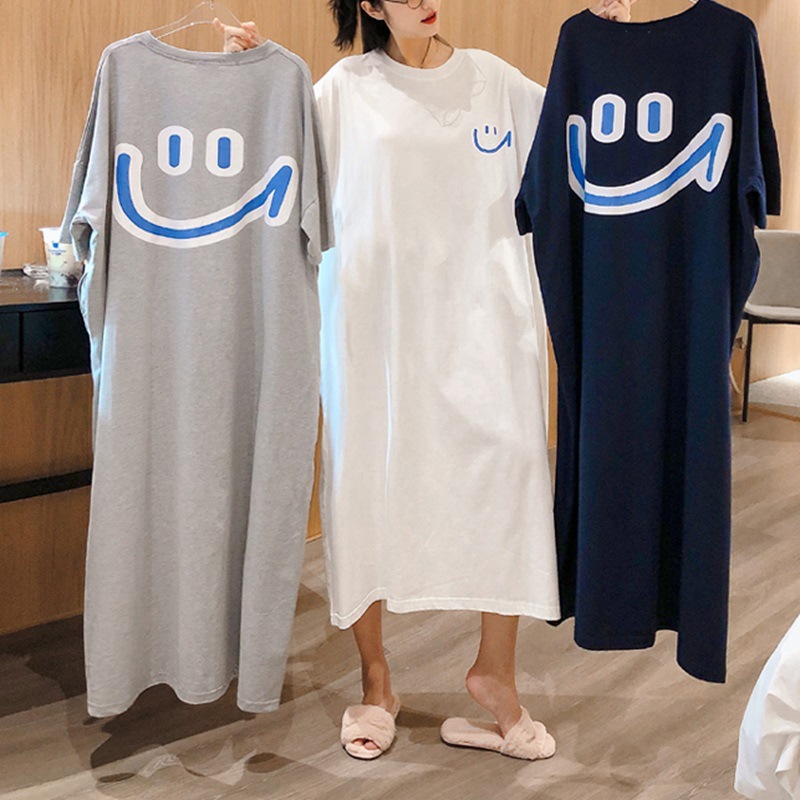 South Korea plus size T-shirt women's summer long smiley face short sleeve bottoming shirt women's loose split dress wholesale