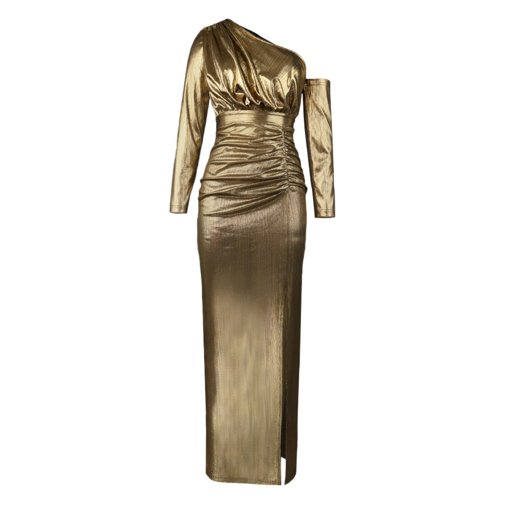 European and American golden sexy light luxury socialite style one-shoulder oblique collar dress autumn fashion sense banquet dress long dress