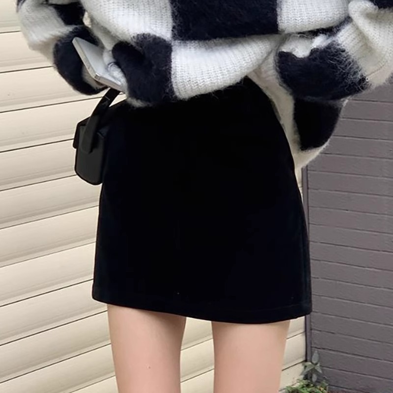 College Style Retro High Waist Woolen Skirt Women's Autumn Grey High Waist Anti-glare A- line Skirt Hip Skirt Skirt