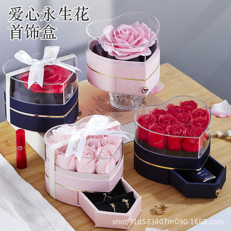 Picture of Heart-shaped Flower Box New Rose Drawer Silk Acrylic Ring Necklace Lipstick Valentine's Day Birthday Gift Box