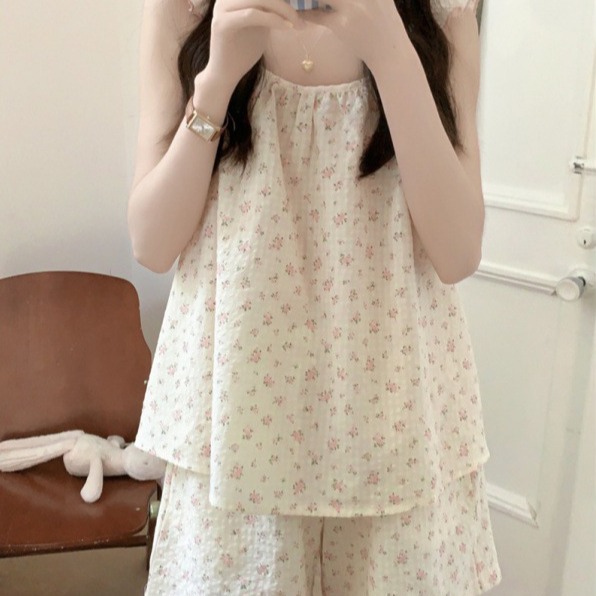 South Korea Ins Women's Summer New Korean Style Pajamas Women's Korean Style Gentle Small Floral Sling suit Home Clothes Women