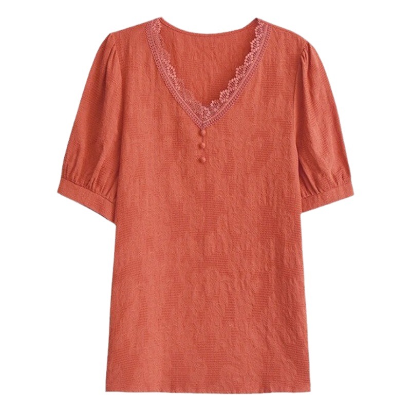 Summer 2024 new women's V-neck cotton shirt Women's Western style cotton short sleeve jacquard white shirt short sleeve