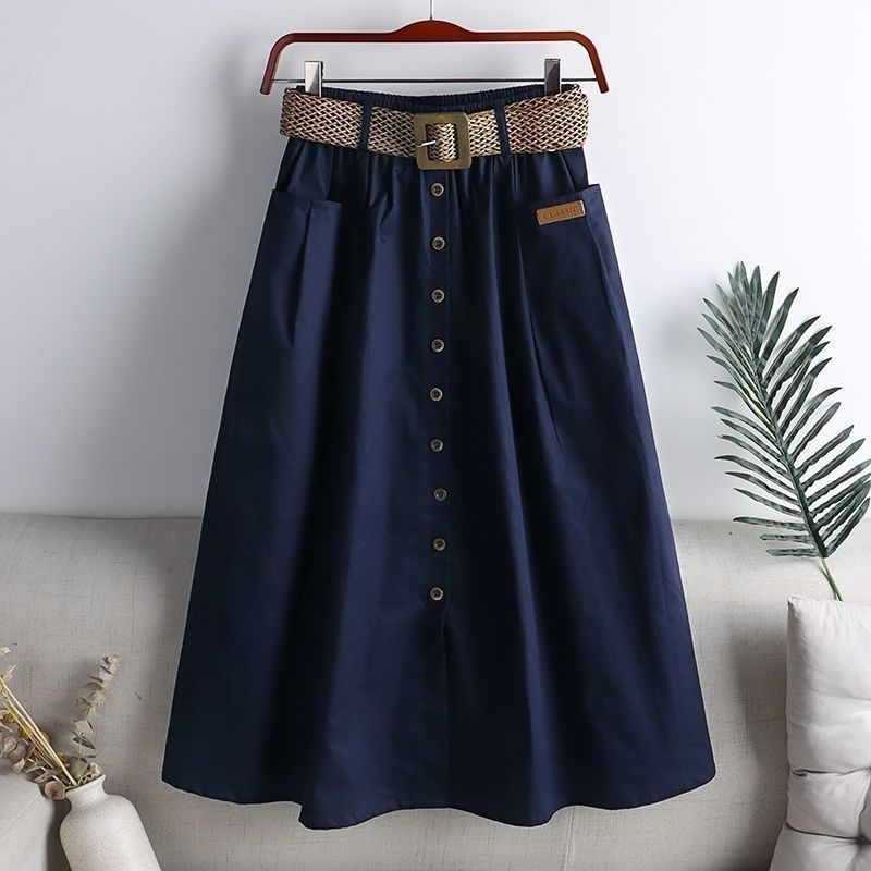 Cotton 2024 Spring and Summer New Korean Style Elastic High-Waisted Skirt with Large Flap Pocket Pantss and Slits, Slimming Look Mid-Length A-Line Skirt