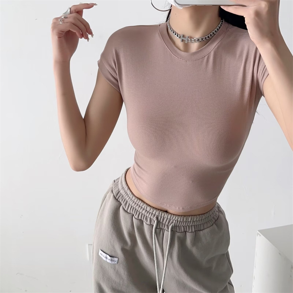 YPFF trendy women's clothing summer new round neck shoulder short sleeve solid color curved hem T-shirt short navel top