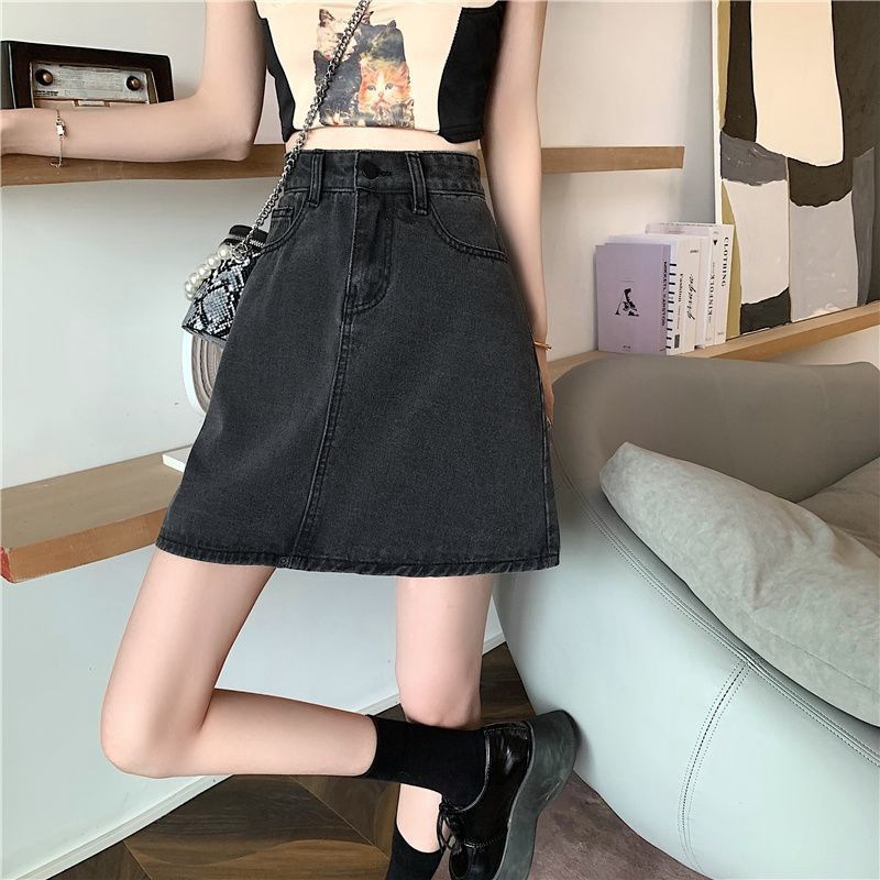 Picture of Summer Korean-style ins Black Grey High Waist Small Denim Skirt Women's All-match Slimming Hip A- line Short Skirt Trendy