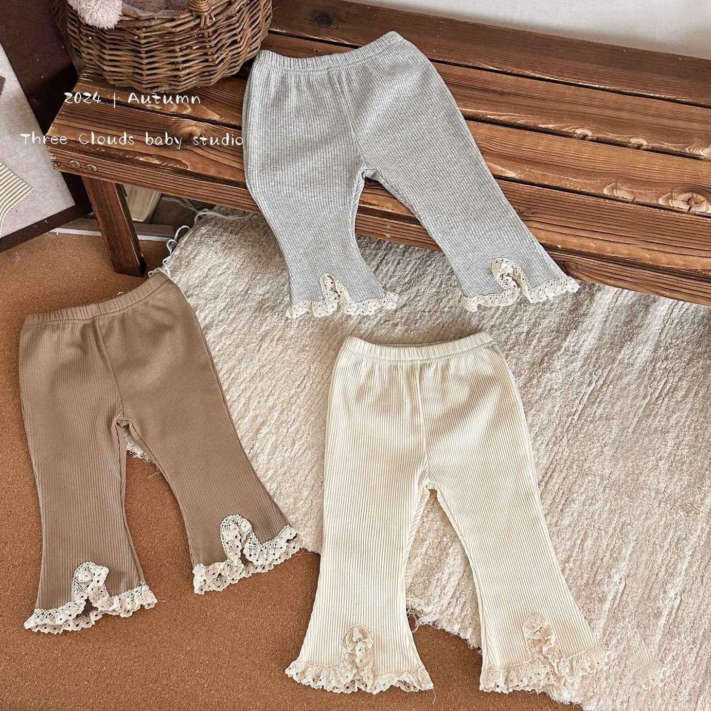 Picture of Infants and Young Children Early Autumn and Winter Baby Girl Korean Style Slightly Flared Lace Pants Elastic Pit Strips Versatile Pure Color Bell-Bottom Pants