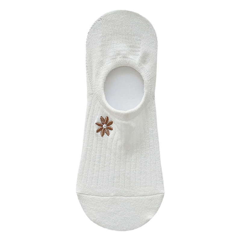 Summer Thin Embroidered Invisible Socks for Women Japanese Style Style Shallow Boat Socks Tulip Non-Falling White Socks