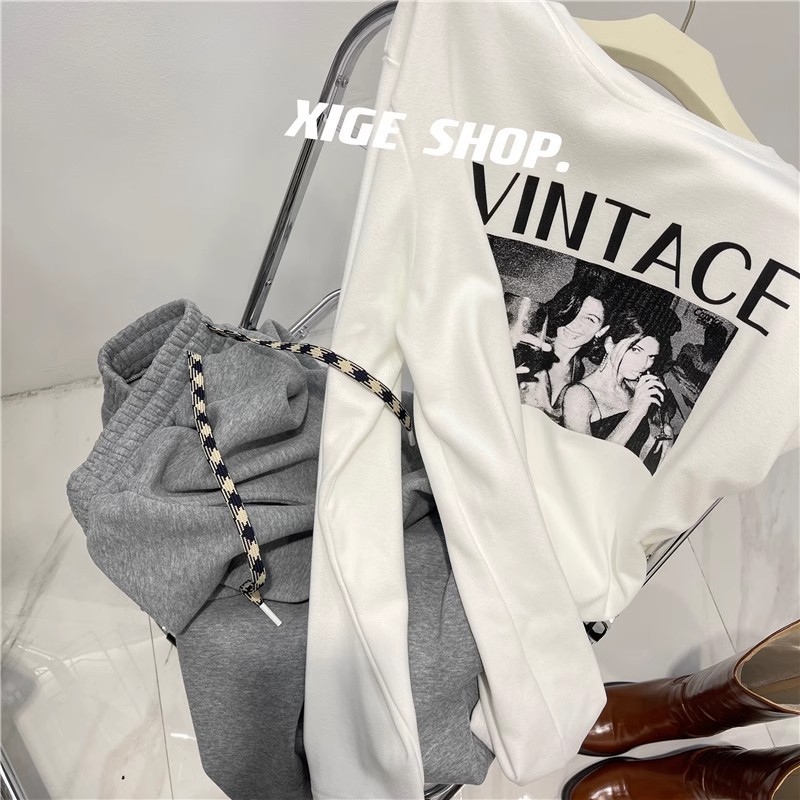 Double-Sided Velvet Thickened White Base T-Shirt Women's Outfit European and American Printed Letter Long-Sleeved Loose All-Match Top for Winter