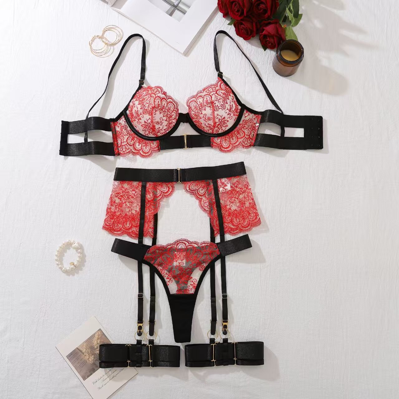 Picture of Amazon Independent Station Sexy Lingerie Heavy Embroidered Metal Buckle Hollow Perspective Multi-piece Set