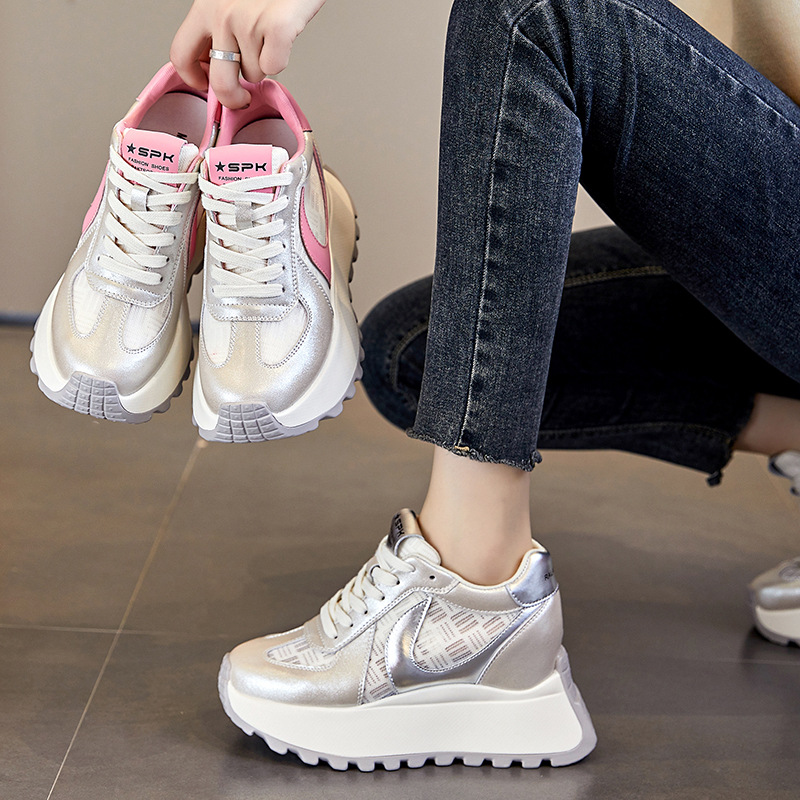 Ins Dad Shoes for Women 2025 Autumn New Style with 8cm Internal Height Increase Genuine Leather Versatile Thick-Soled Platform Casual Shoes