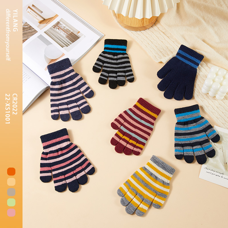 Children's knitted warm gloves for older children and students warm winter boys and girls children's full finger simple striped wholesale