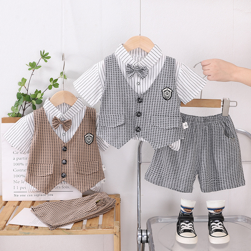 Boys Summer Short-sleeved suit Summer New Children's Casual Shoes Vest Bow-tie Short-sleeved Three-piece Set