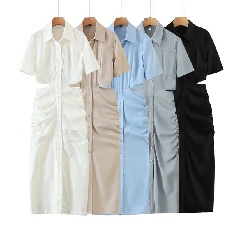 ZA cross-border women's clothing wholesale European and American style new lapel single-breasted revealed waist pleated slim short sleeve dress