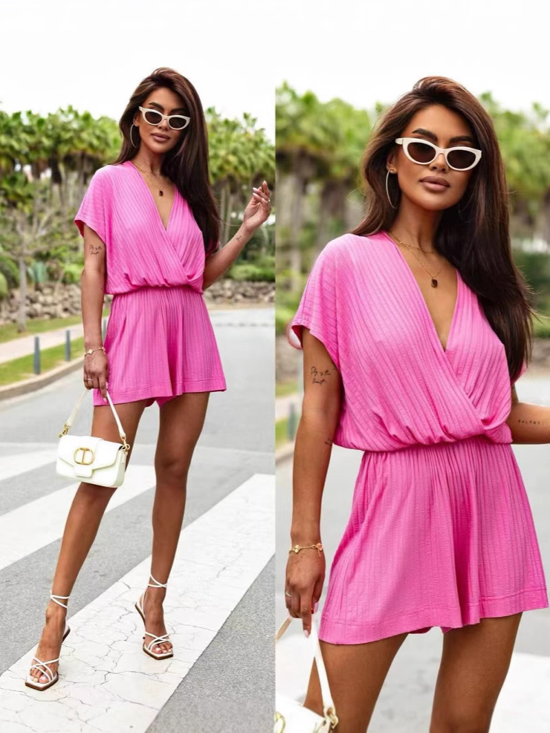 Picture of Popular European and American Foreign Trade Cross-Border Amazon Summer Casual Simple Women's V Neck Waist Shorts Multi-Color Jumpsuit