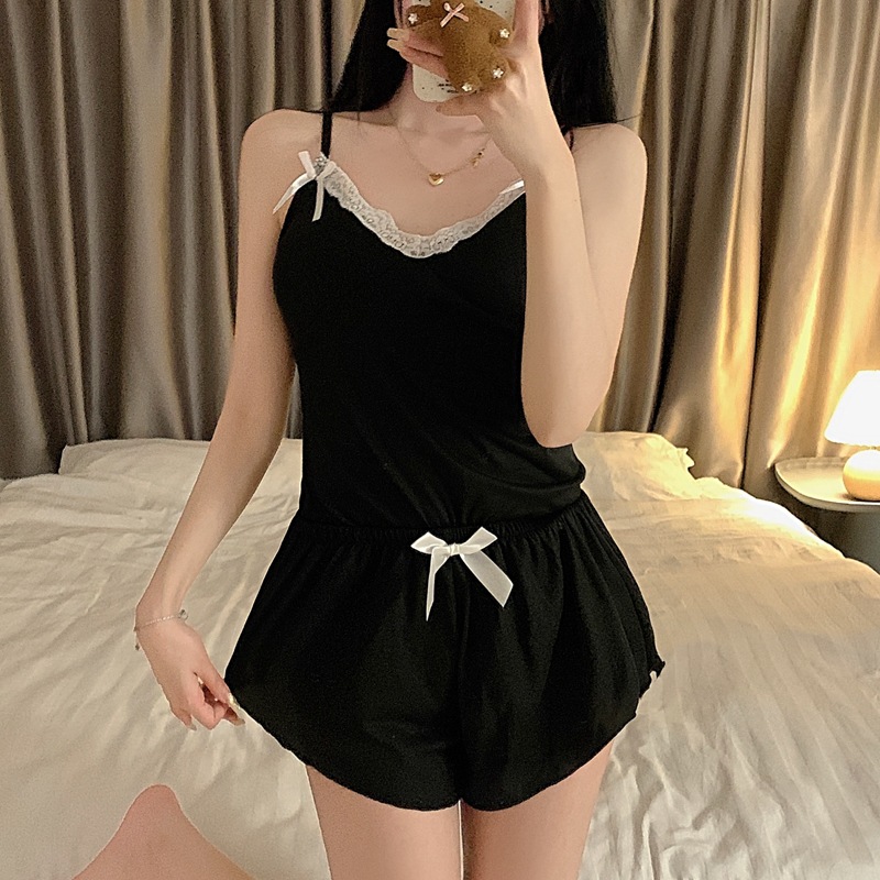 [Real Shot] 2024 Summer Sexy Pajamas Women's Sling Shorts suit Imitation Cotton Internet Red Pure Desire Style Home Clothes