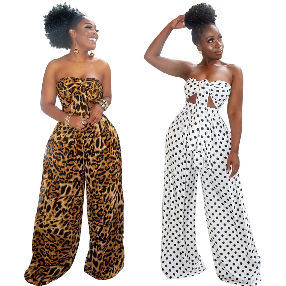 Spot cross-border source Amazon explosions European and American women's fashion spots leopard print chest wide leg spot two-piece set