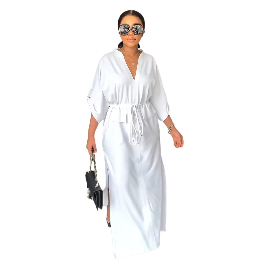 9860 Cross-Border European and American Amazon Loose Waist Casual Work Dress Side Slit Summer Commuting Dress