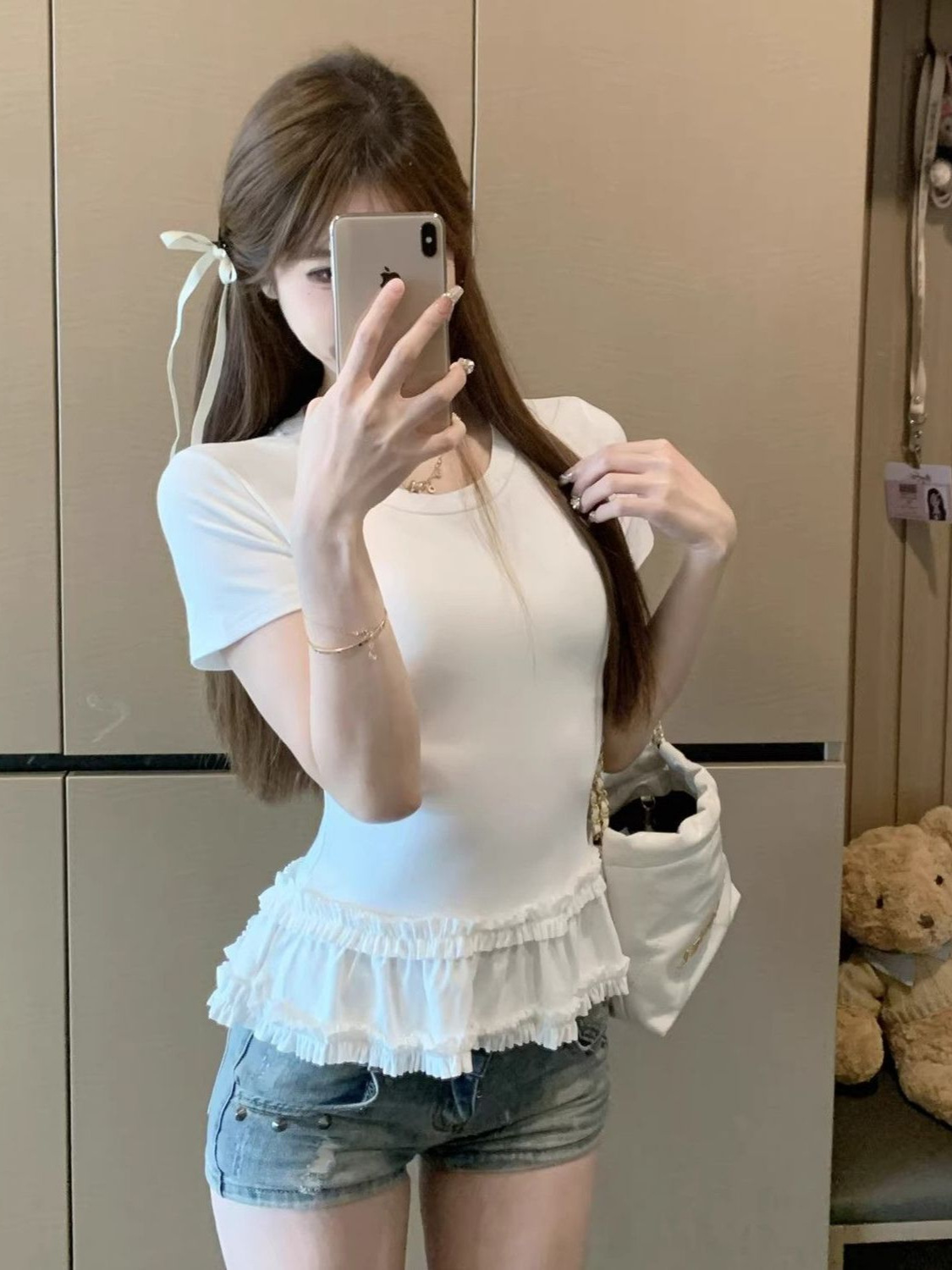 Ballet Sweet Style Short-Sleeved T-Shirt for Women in Summer with Ruffled Splicing Round Neck Design and Pure Lace Top