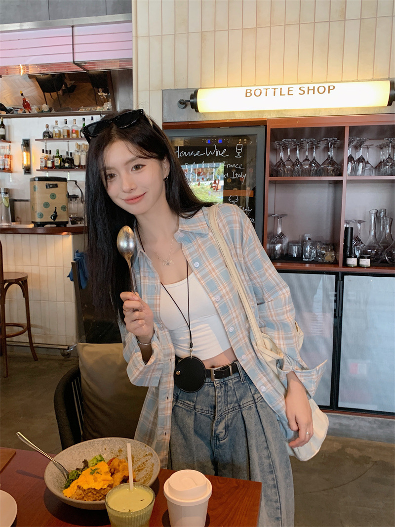 Cross-border Cotton Lapel Long-sleeved Plaid Shirt Women's Spring and Autumn Loose Mid-length Niche Shirt Casual Sun Protection Top