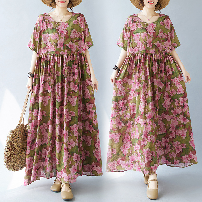 Picture of Simple Fashion Bohemian Dress Summer New Fat Plus Size Short Sleeve Round Neck Printed Dress for Foreign Trade Women