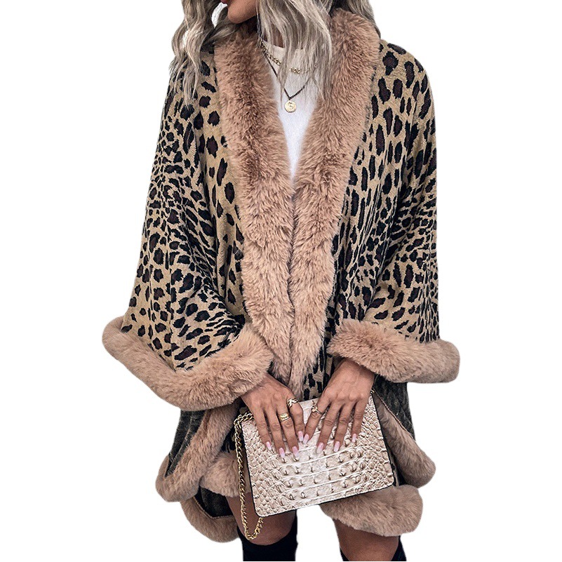 Mao Mao rain 2023 autumn and winter New European and American cross-border fur collar Cape cardigan Amazon leopard shawl sweater women