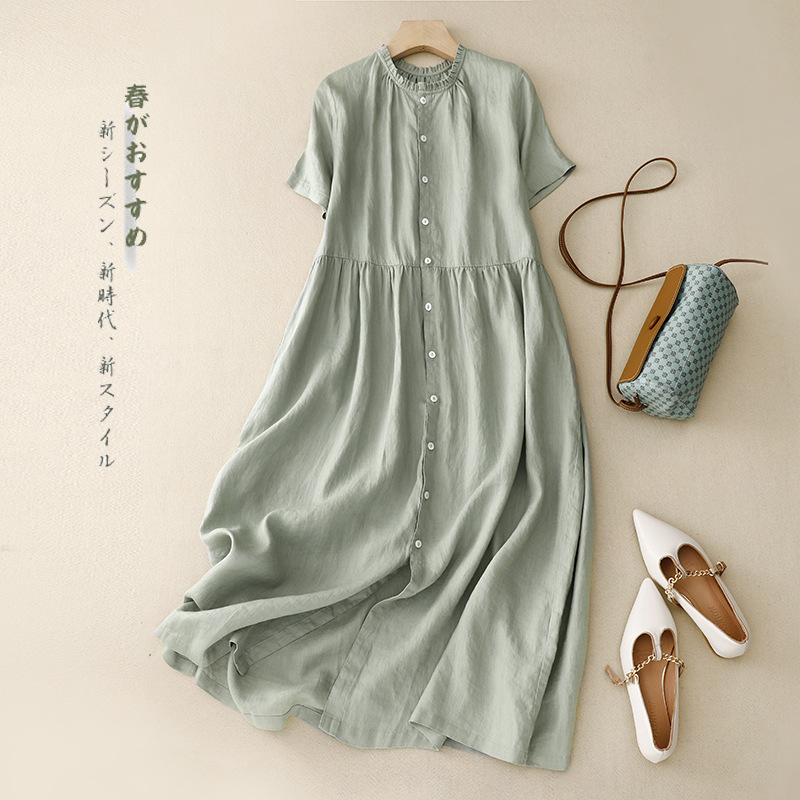 Actual Shot of New Summer Fungus Collar Large Hem Skirt That Can Be Worn Front and Back, Cardigan Long Skirt Style Cotton and Linen Short-Sleeved Dress