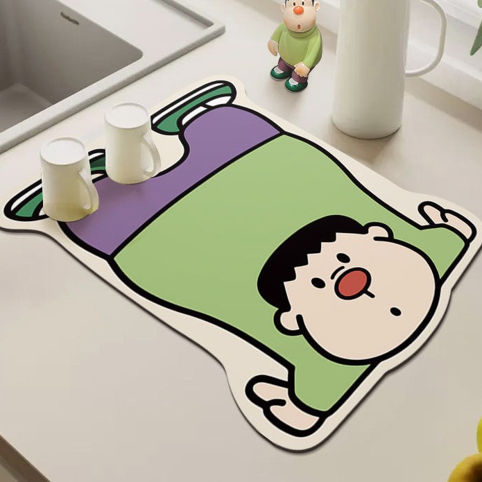 Cute Doraemon Panghu Cartoon Kitchen Countertop Drain Mat Diatom Mud Absorbent Mat Non-Slip Desktop Table Mat