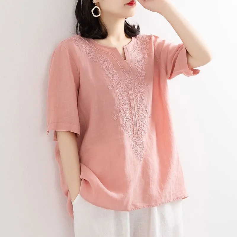 Picture of Cotton V-Neck Linen Shirt for Women, Loose Pullover Embroidered Short-Sleeve T-Shirt, Vintage Versatile Top
