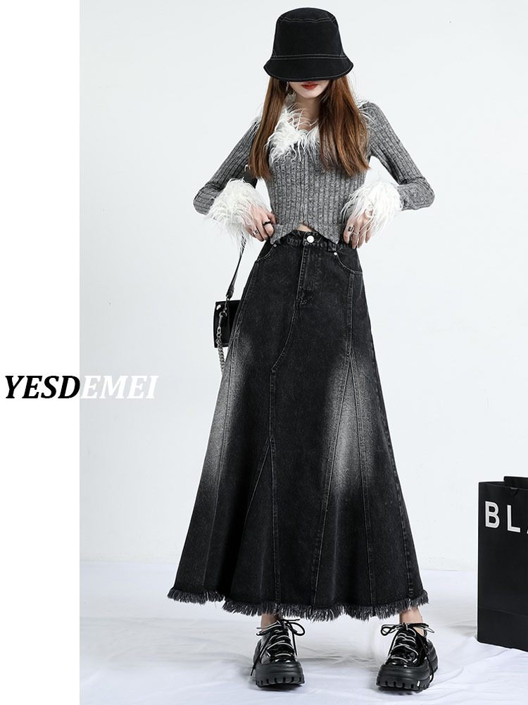 Black Denim Skirt Long Skirt Women's 2024 Autumn New Irregular Mid-length A- shaped Thin Skirt