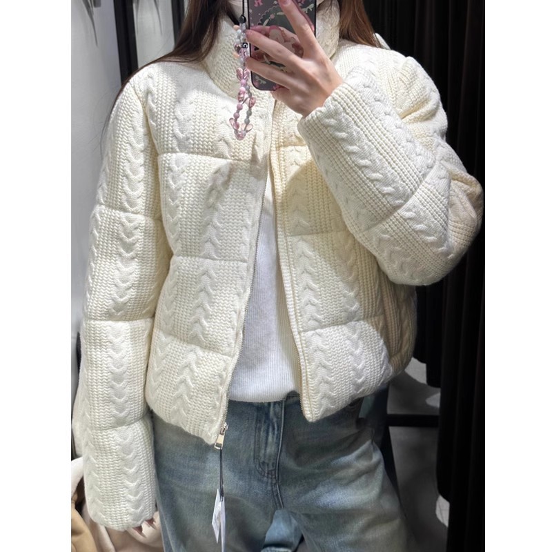 Winter stand collar windproof warm white knitted thick warm cotton-padded jacket jacket 2024 women's new bread clothing