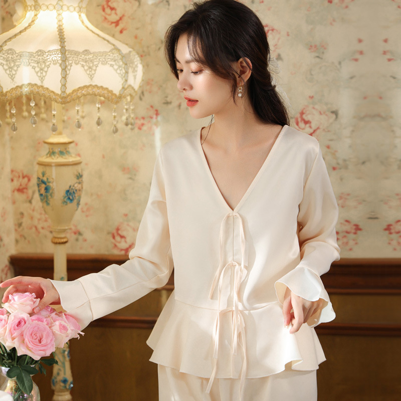 Long-sleeved pajamas suit imitation silk palace retro style loose ice silk pajamas outerwear two-piece suit for autumn and winter
