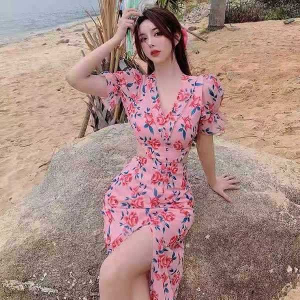 Summer French Style Super Fairy Back Off-Waist Floral Dress Elegant V-neck Tight Waist Slimming Split Short Sleeve Printed Dress