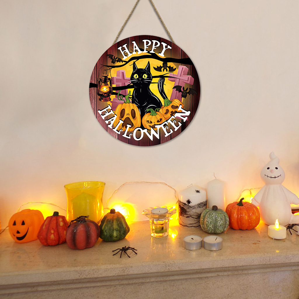 Picture of Cross-Border New Halloween Wall Decoration Wall Hanging Round Pumpkin Cat Horror Festival Welcome Wood Art Wall Decoration Door Hanging