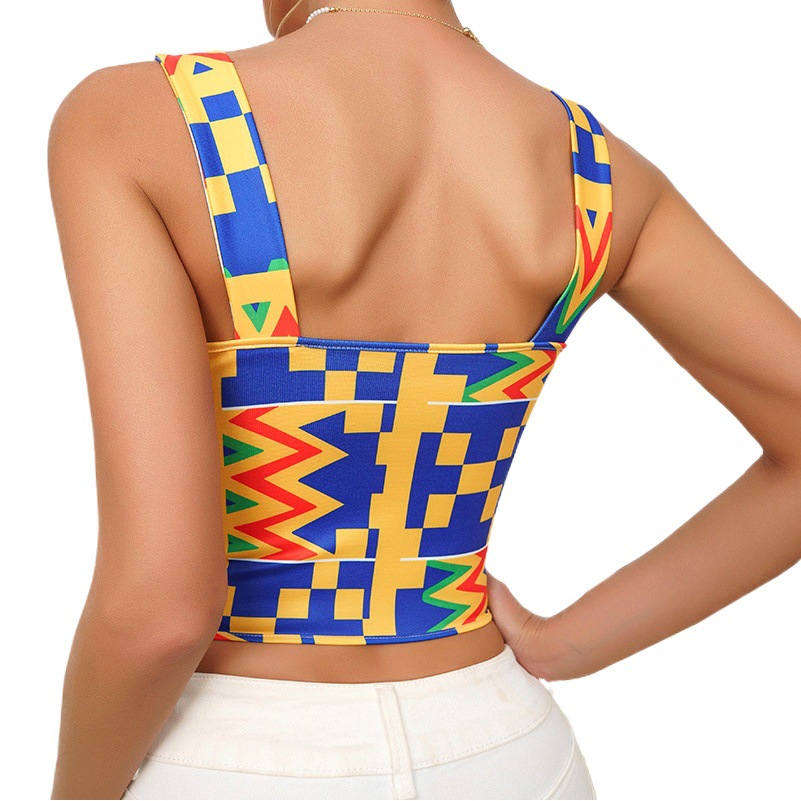 European and American Women's Summer New Style Sexy Camisole Top with Chest Pad Printed Slim-fit Beautiful Back Spice Girl Top