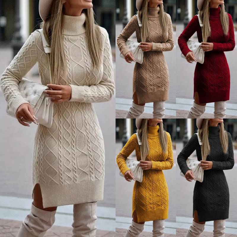 Wish Amazon High-Neck Slim-Fit Long Autumn and Winter Sweater Dress for Women in Apricot with a Three-Dimensional Pattern, Suitable for a Stylish and Professional Look