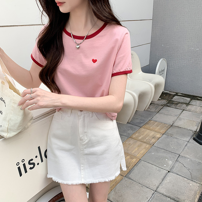 Real Shot Cotton Short-sleeved T-shirt Women's 2023 New Summer T-shirt Love Short Navel Top
