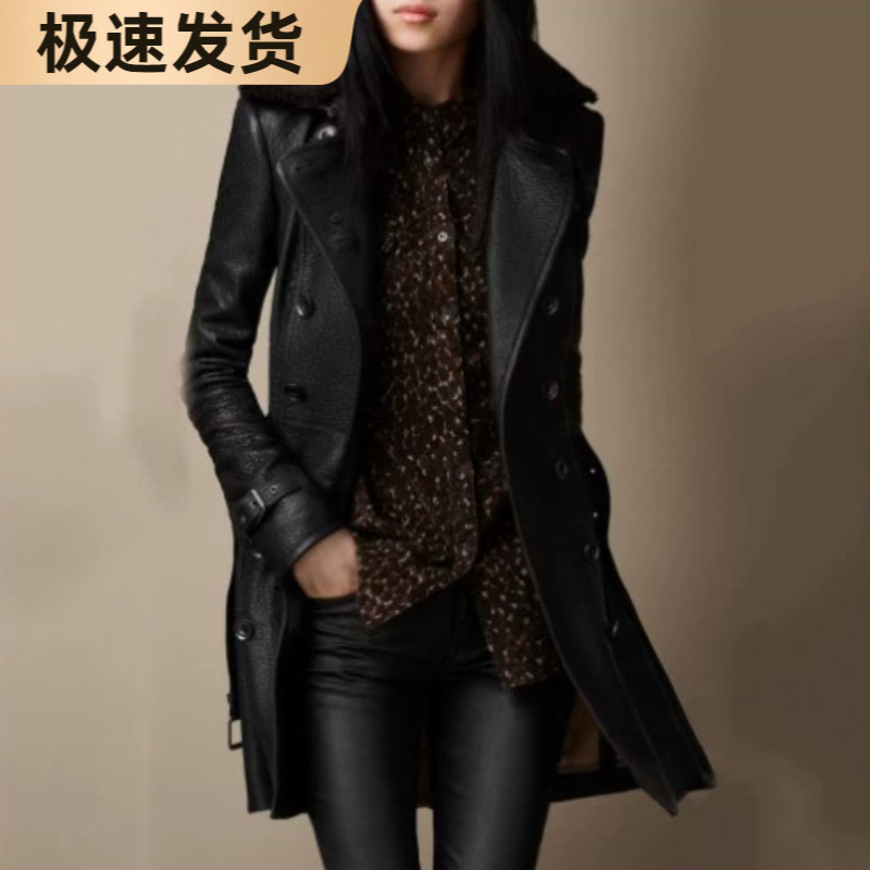 Picture of Foreign Trade Amazon British Women's Fur Collar Leather Jacket Mid-Length Motorcycle Thickened Leather Jacket Slim Jacket