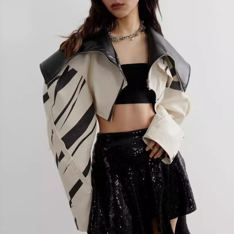 Picture of Personalized heavy industry design short coat for women Spring New style frayed edge contrast color stitching PU temperament lapel motorcycle top