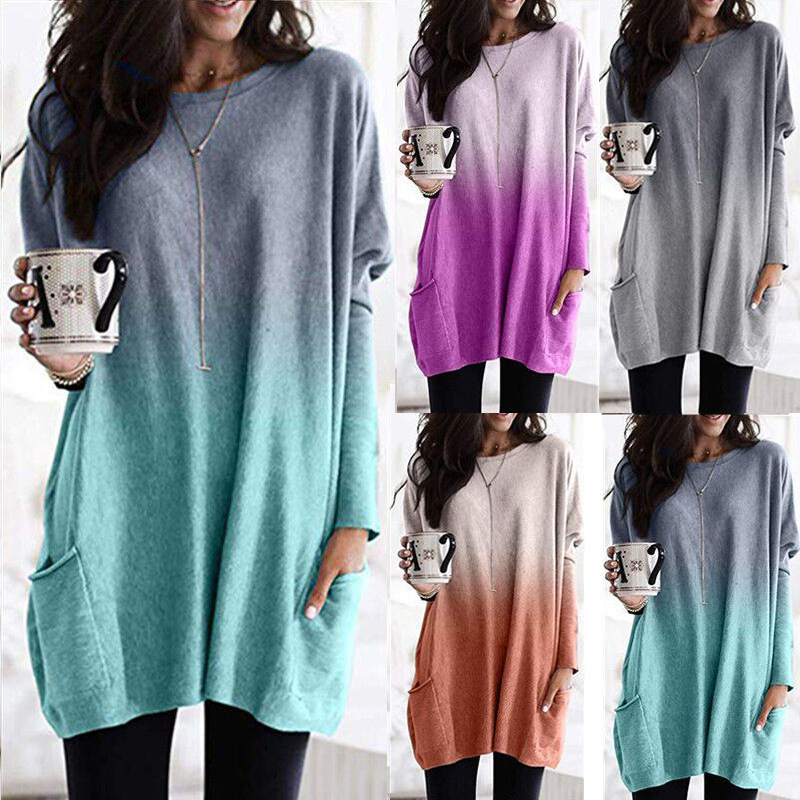 Gradient Color Long Sleeve Flap Pocket Pants T-Shirt Top Summer Sexy Ladies Tops Куртка
