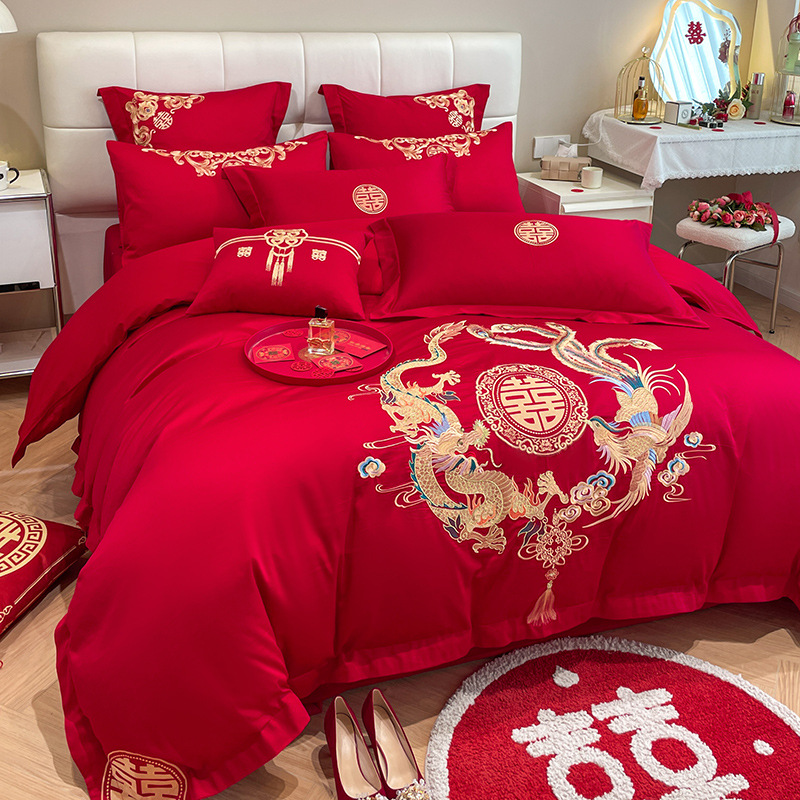 Picture of High-end Chinese Dragon and Phoenix Embroidery Fashion Wedding Four-piece Wedding Big Red Bed Sheet Quilt Cover Accompanying Bedding