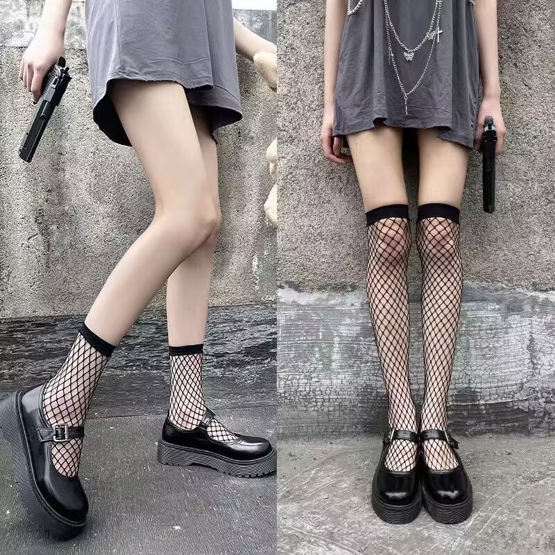 Black silk mesh socks mid-calf women's socks hollow-out short mid-mesh short ins fashion jk uniform sexy mid-calf thin