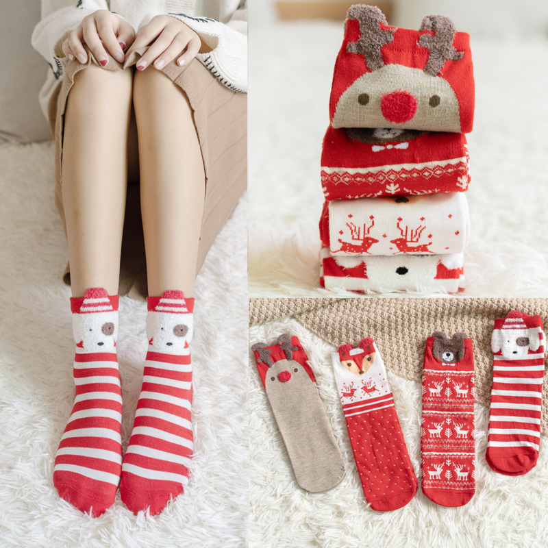 Picture of Christmas socks women's autumn and winter New Year festive women's socks Japanese cotton socks three-dimensional cartoon elk cross-border Women's Mid-calf length socks