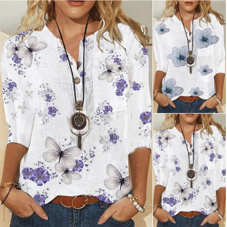 2021 Amazon New Fashion Women's Elegant Quarter Sleeve Printed V Neck Loose Plus Size Top Shirt